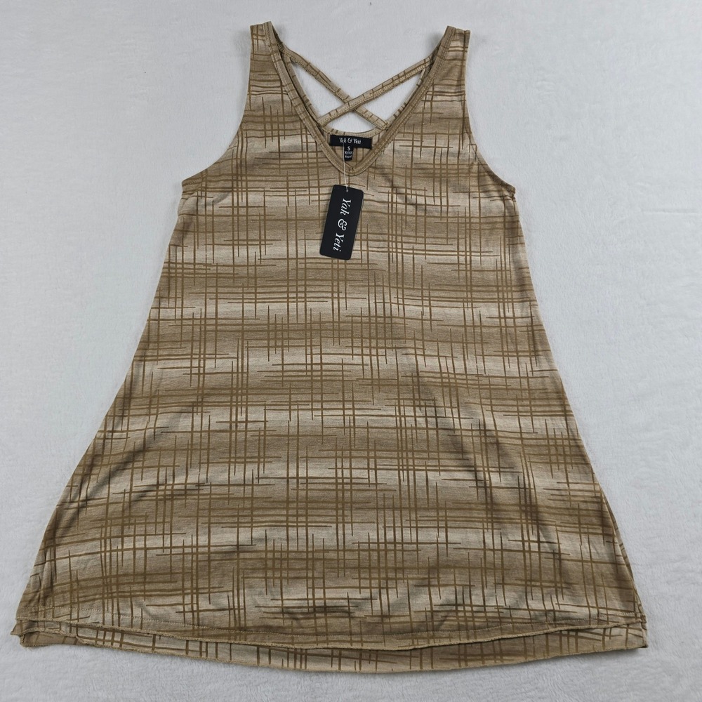 Yak & Yeti Women Tan Abstract Crosshatch Criss Cross Back Tank Top Small NWT